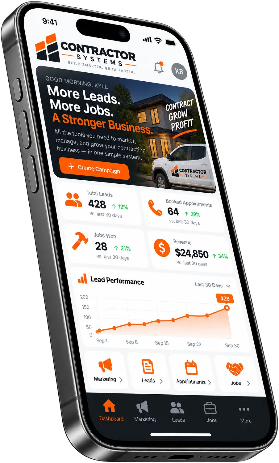 Contractor Systems dashboard on an angled phone showing leads, booked appointments, jobs won, and a lead performance chart. Example data.